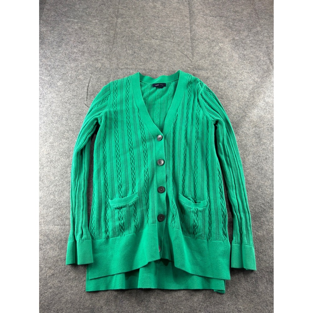 Lands End Green Cable Knit Cardigan V-Neck Button Front Womens S Academia Preppy
